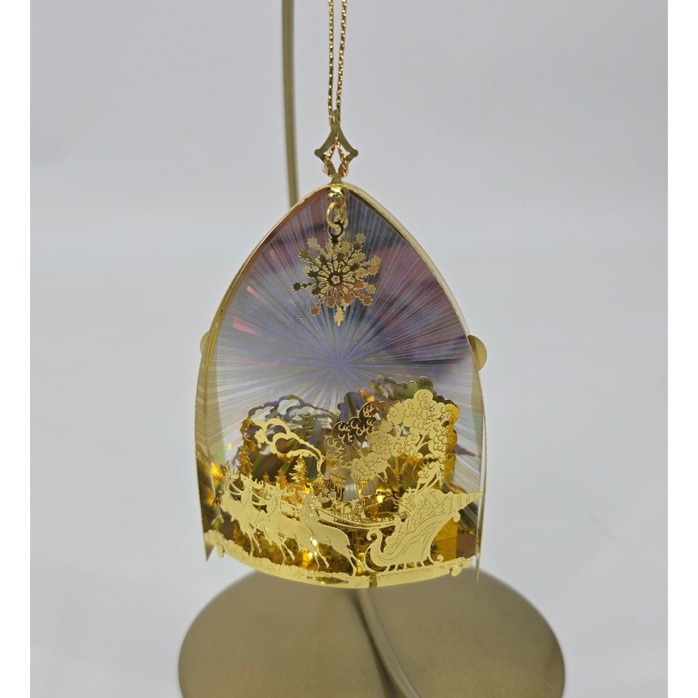 Vintage Taiwan Gold Plated Holographic Santa Sleigh Reindeer Christmas Ornament